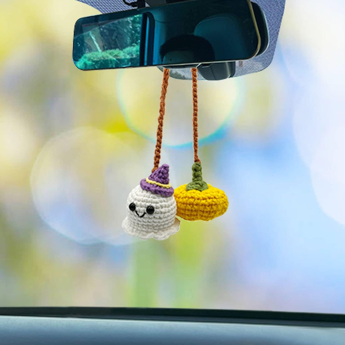 Halloween Outdoor Decorations Crochet Pumpkin and Ghost Car Decor for Rear View Mirror, Hand-Woven Mirror Charm Car Accessories for Women or Men (Orange Pumpkin and Ghost)