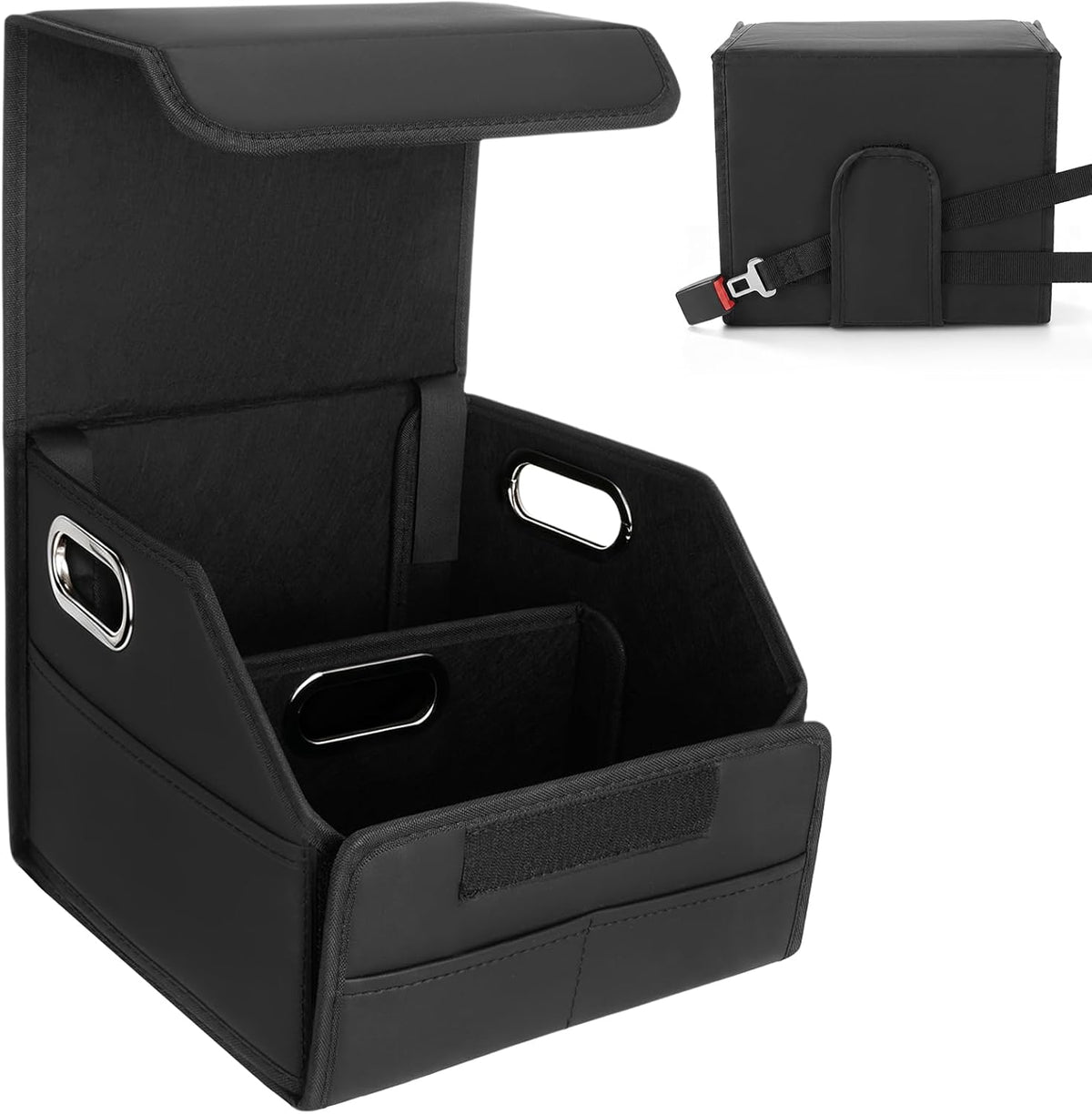 Car Storage Organizer with Box Lid, Leather Car Seat Organizer, Brown Black