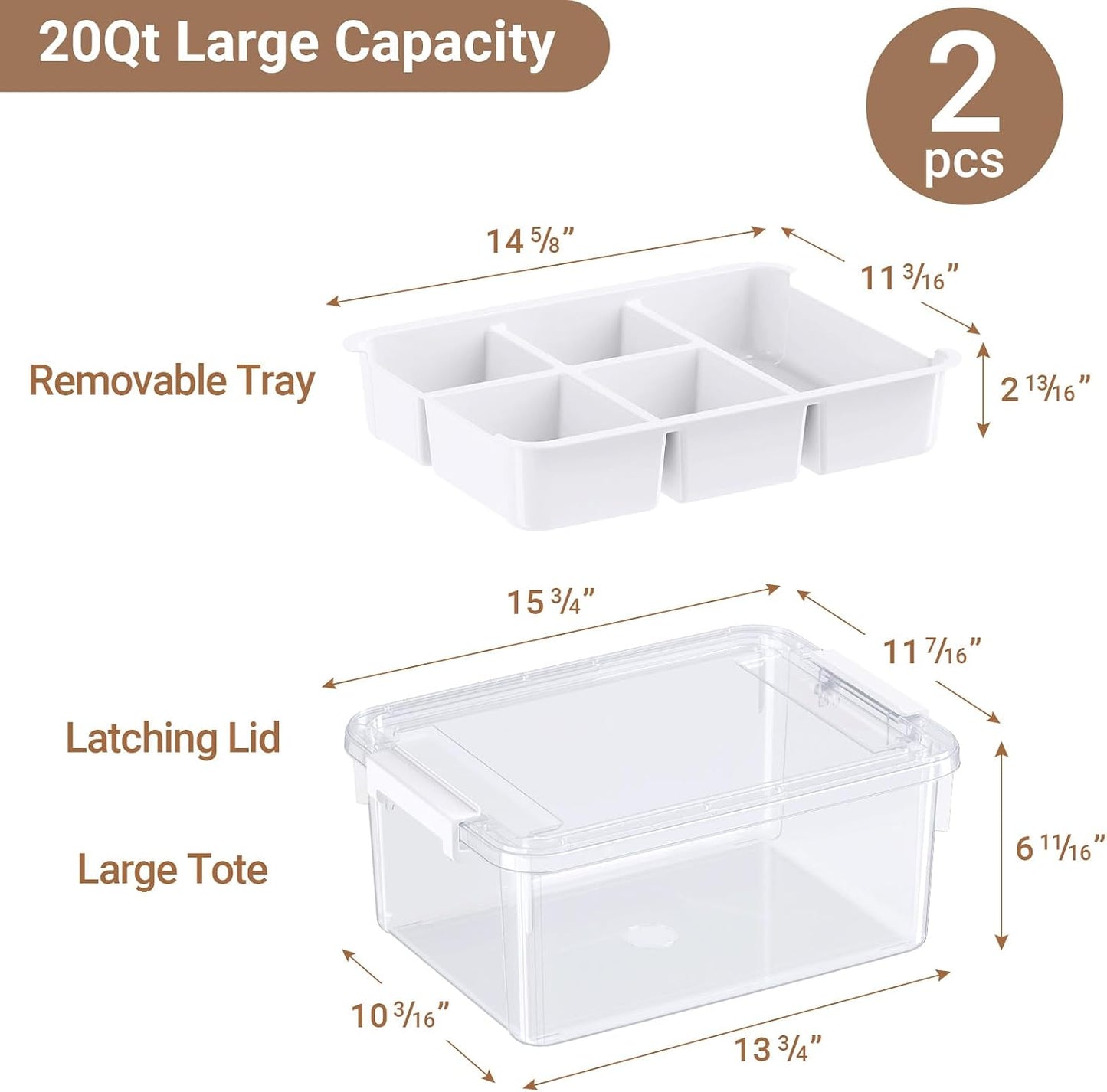 40Qt Stackable Storage Bins with Lids & Trays, Clear Plastic Latching Boxes Organizers with Dividers Portable 10Gal Containers for Arts & Crafts, Home and Car Trunk Organization, 2Pack