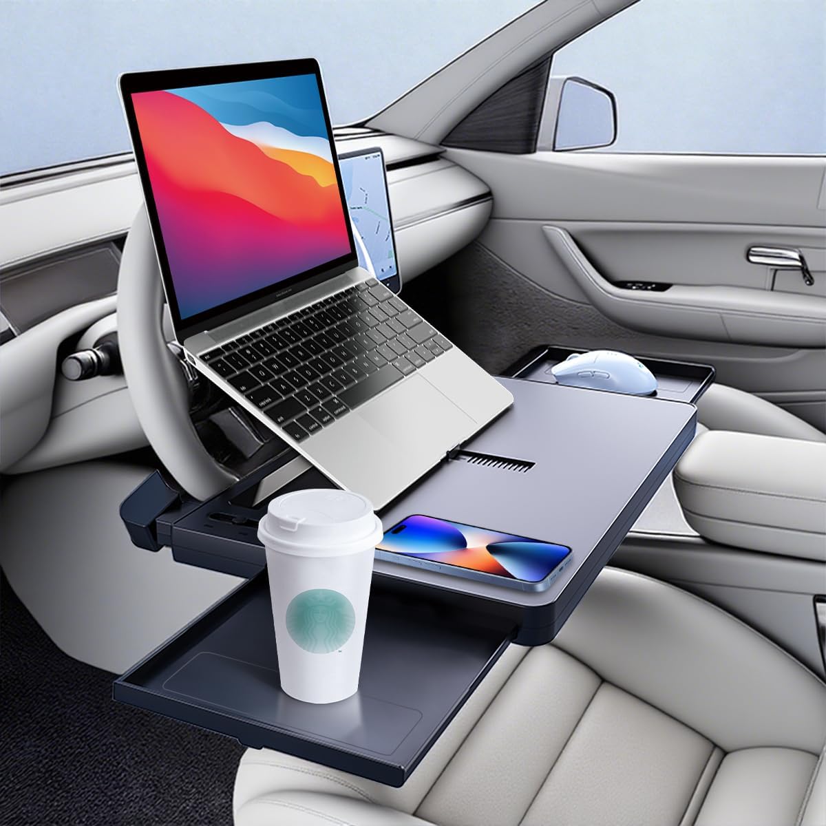 2 in 1 Large Steering Wheel Desk with Dual Slide-Out Trays & Laptop Holder, Steering Wheel Table Tray Fits for Most Cars, Adjustable Laptop Tray for Car