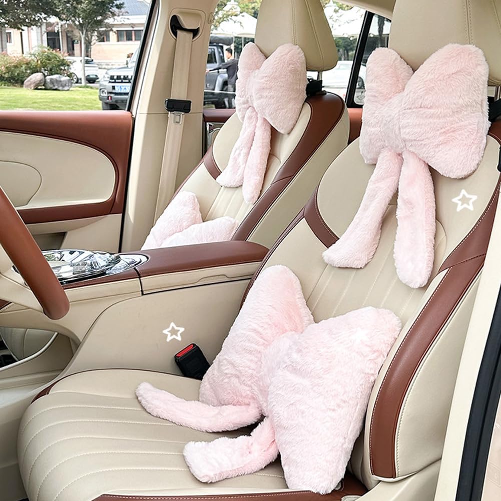LYFJMUS 4 Pack Plush Bow Car Headrest Pillow and Lumbar Support Pillow Soft Butterfly Car Neck Pillows for Driving Cars Decor (Pink Leopard)