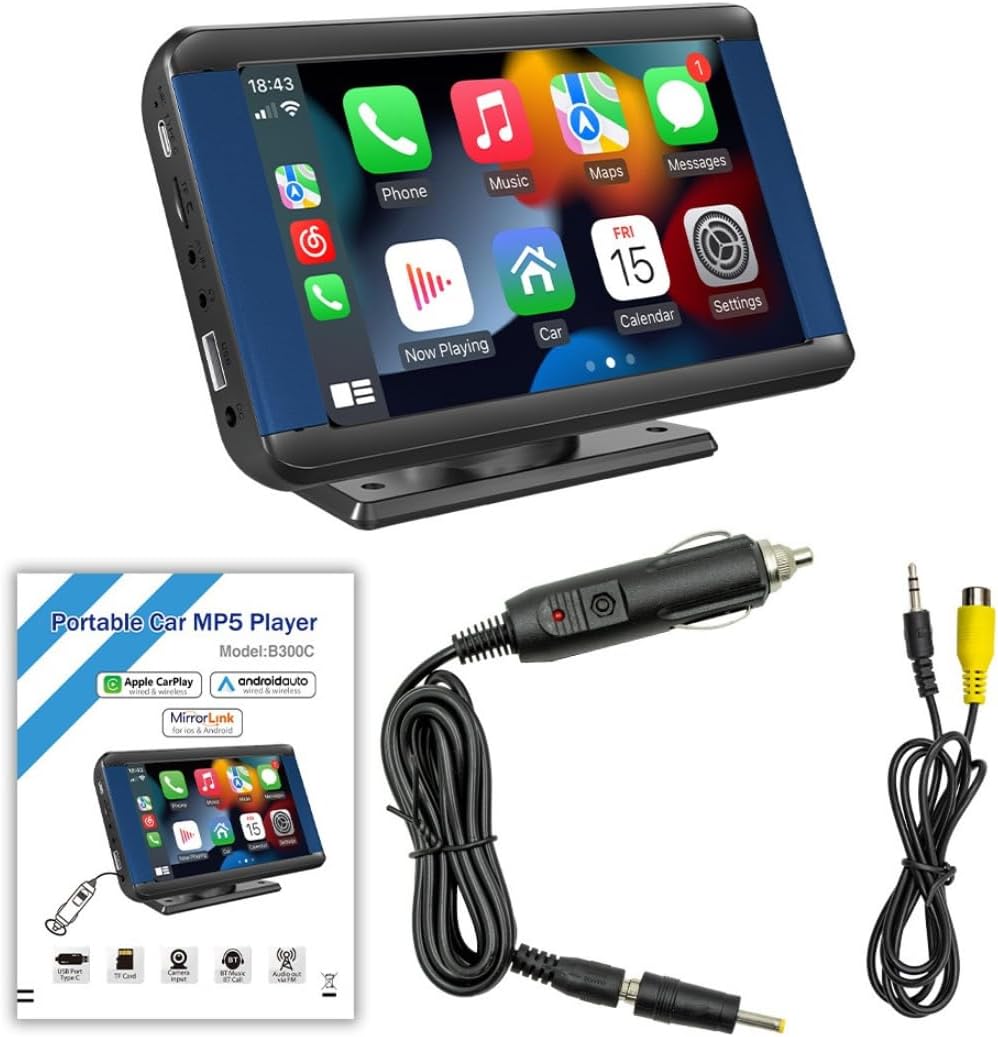Portable Wireless CarPlay & Android Auto Screen for Car, 7" HD Touchscreen Car Stereo with Mirror Link, Bluetooth 5.0, FM Transmitter, AUX/Type-C Interfaces & Reversing Input for 12-24V Vehicles