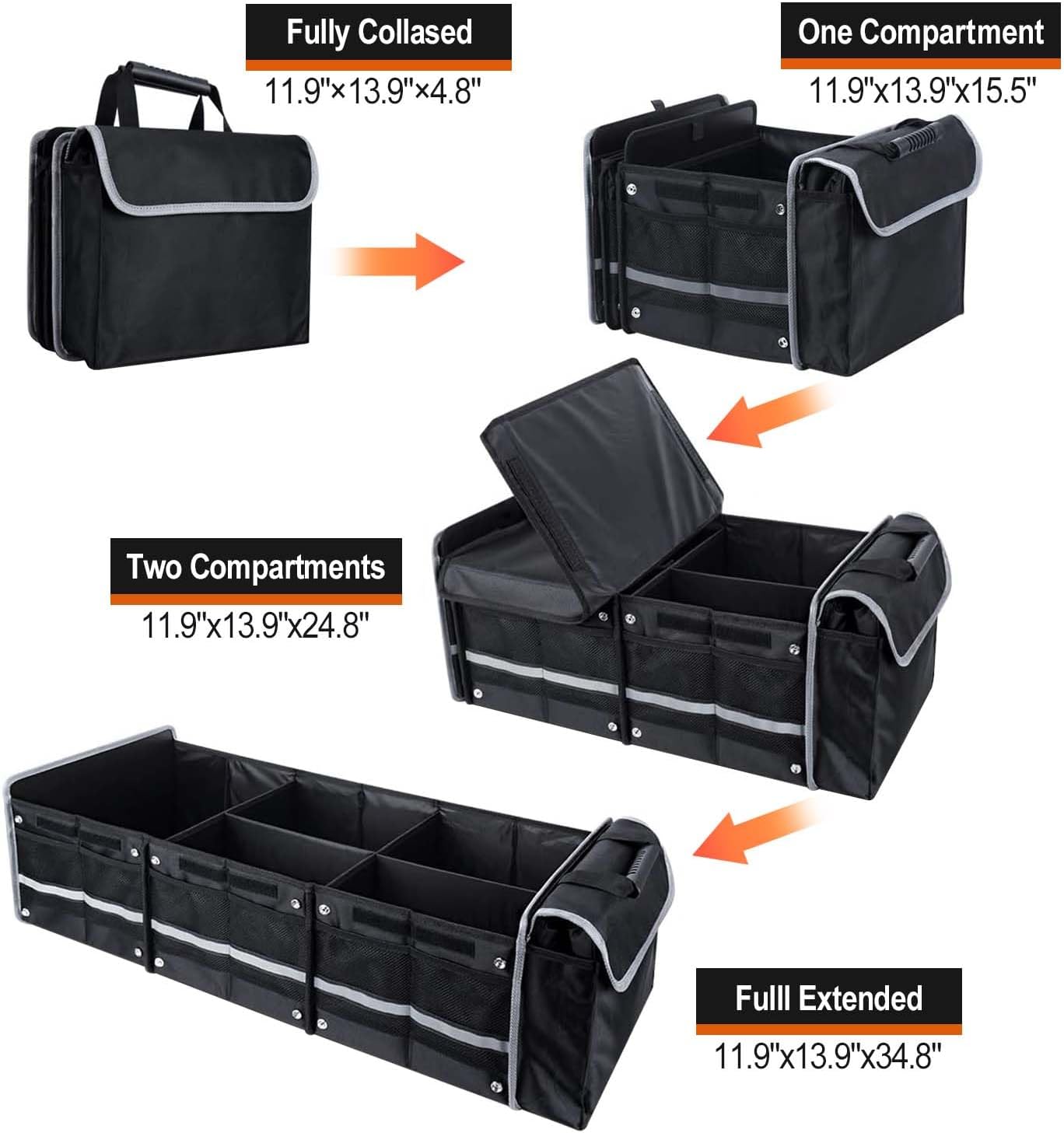 AOPHY Car Trunk Organizer with Insulated Cooler Bag, Foldable & Waterproof Storage Organizer with Lid for SUV, Truck, Sedan - 4 Large Adjustable Compartments, Heavy Duty & Collapsible Design
