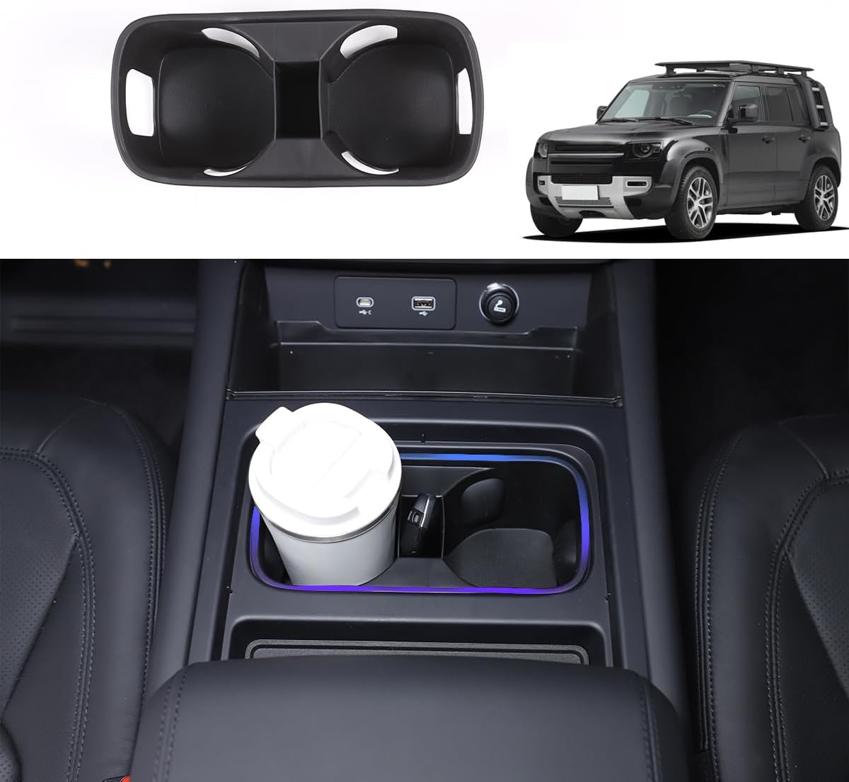 Black Center Console Cup Holder Compatible with Land Rover Defender 90 110 130 2020-2024 Car Cup Holder Expander Storage Box，Drink Cup Holder Organizer Accessories (for Defender 2022-2024)