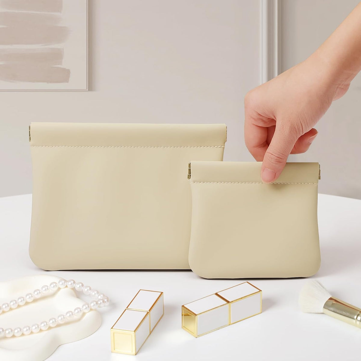 2 Pack Small Makeup Bag for Purse, Cosmetic Travel Pouch, Beige