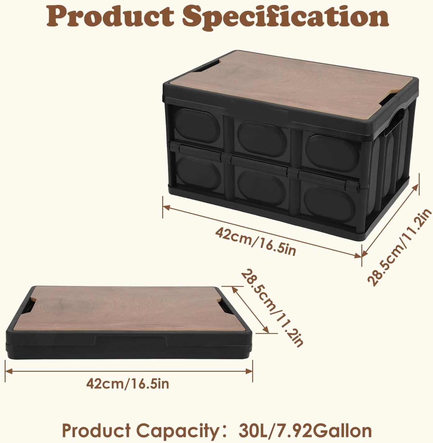 Collapsible Storage Bin with Wooden Lid | 30L/7.9Gal Folding Container | Camping & Car Organization|Home Sorting & Closet Storage|Sturdy Mdf Wood Cover|Stackable Design|16.5x11.2x9.3in(Black)