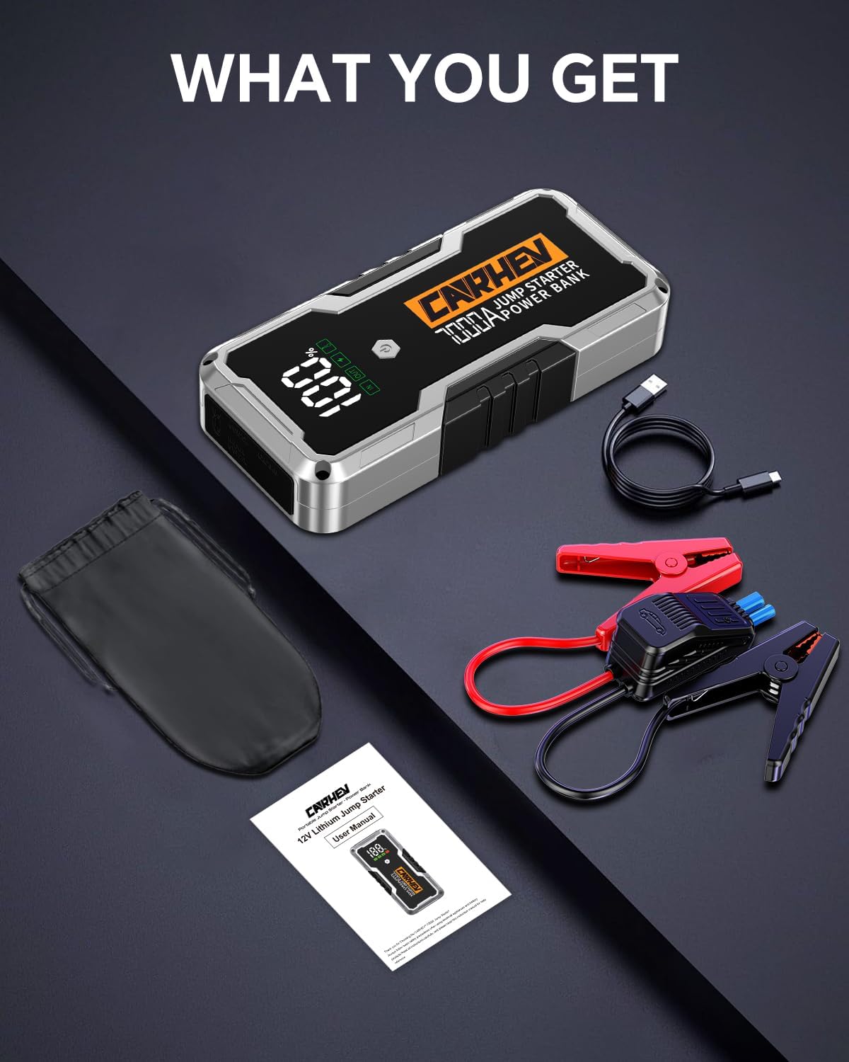 CARHEV 7000A Car Battery Jump Starter, Car Jumper Starter Portable for Up to 10L Gas or Diesel Engines, 12V Jump Box with USB Output, Jumper Cables, LED Light
