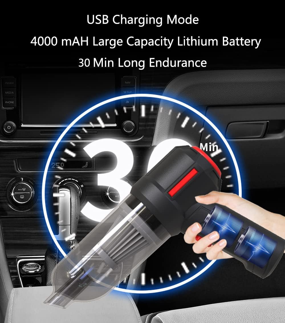 Portable Car Vacuum Blower Cordless Rechargeable, 9000pa Strong Suction 120w High Power Handheld Rechargeable Car Vacuum Cordless Air Blower for Computer, Pet Hairs (Black)