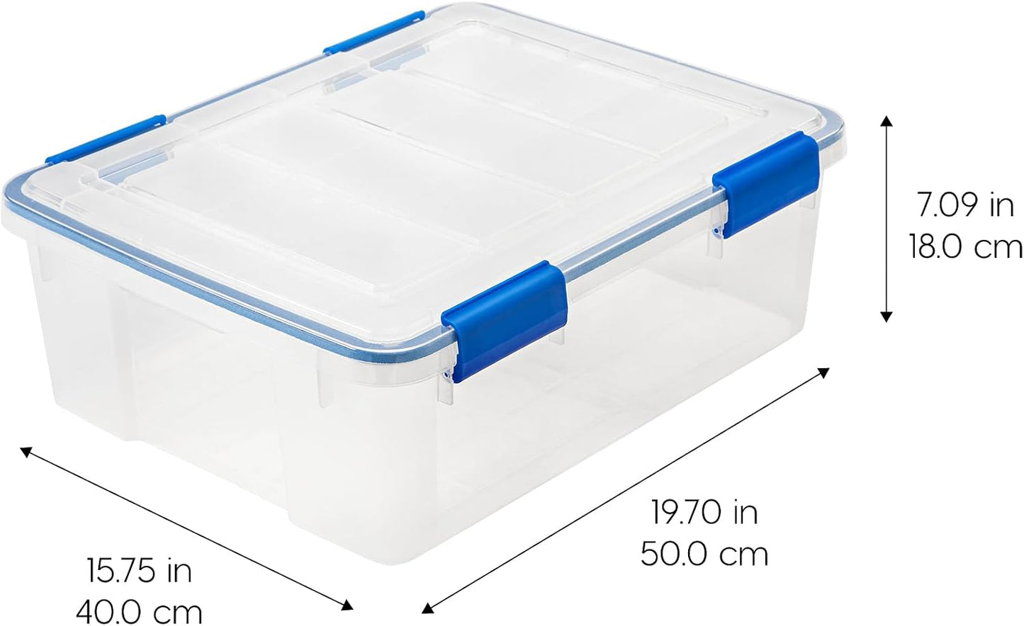 IRIS USA WeatherPro 27 Qt Storage Bins with Lids, 3 Pack, BPA-Free Plastic Gasket Box with Tight Latch and Seal, Stackable Nestable Tote Tub - Clear/Blue