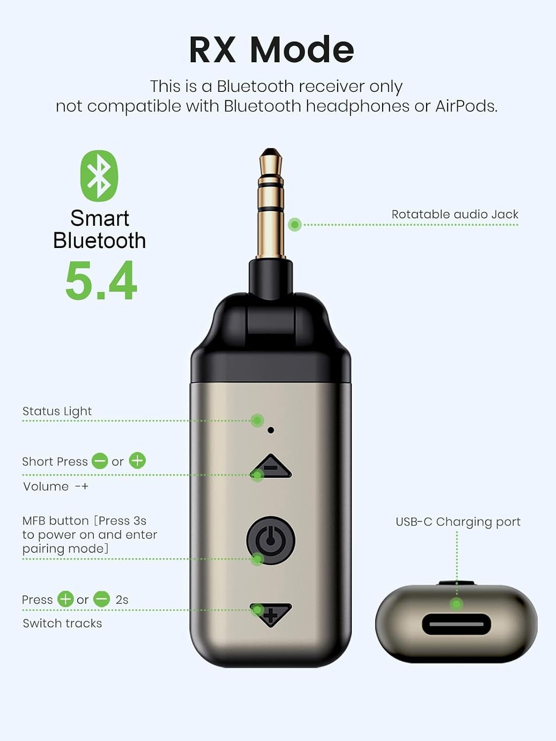 HVMLAK Air88 Bluetooth 5.4 Aux Adapter, 180° Swivel 3.5mm Jack Receiver for Car Home Stereo, Handsfree Calls, 12 Hours Battery, HiFi Sound, Solid Metal Case