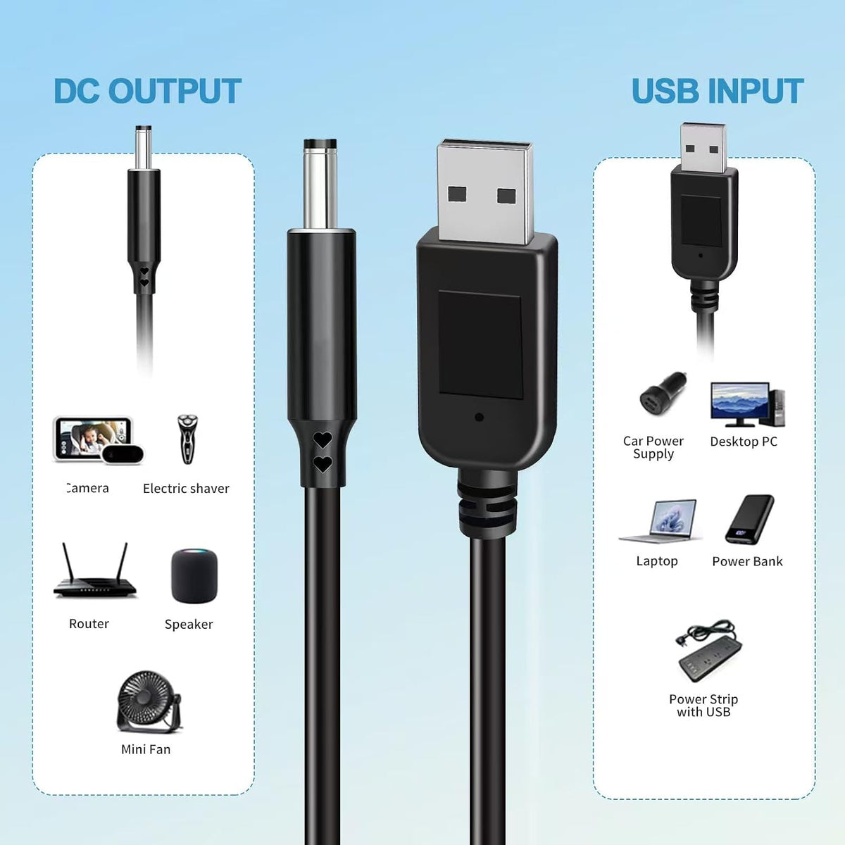 Baby car camera USB plug power adapter, 5V to 12V power cord adapte