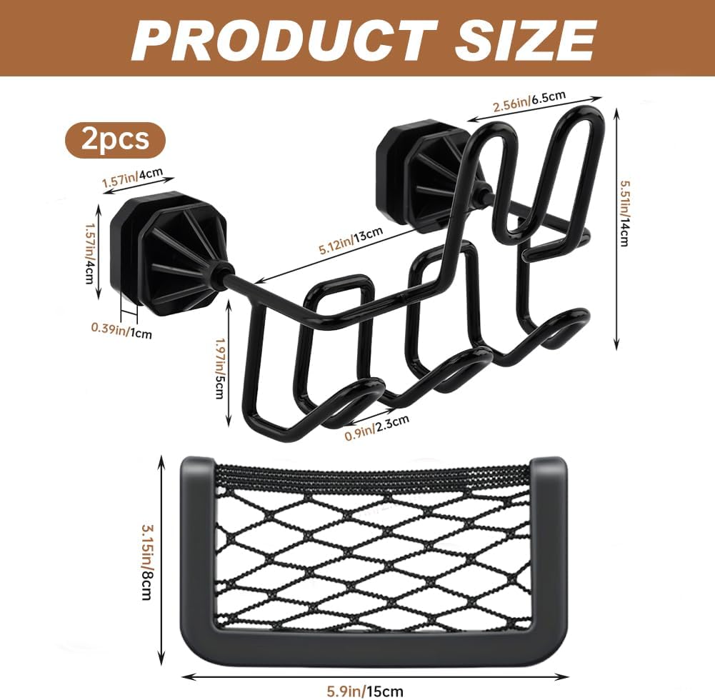 2 Pack Hard Hat Holder for Truck Seat Back, Headrest Organizer with 3 Hooks and 1 Storage Net for Safety Helmet, Caps, Jacket, Tool Bag, Hard Hat Accessories for Truck SUV (Black)