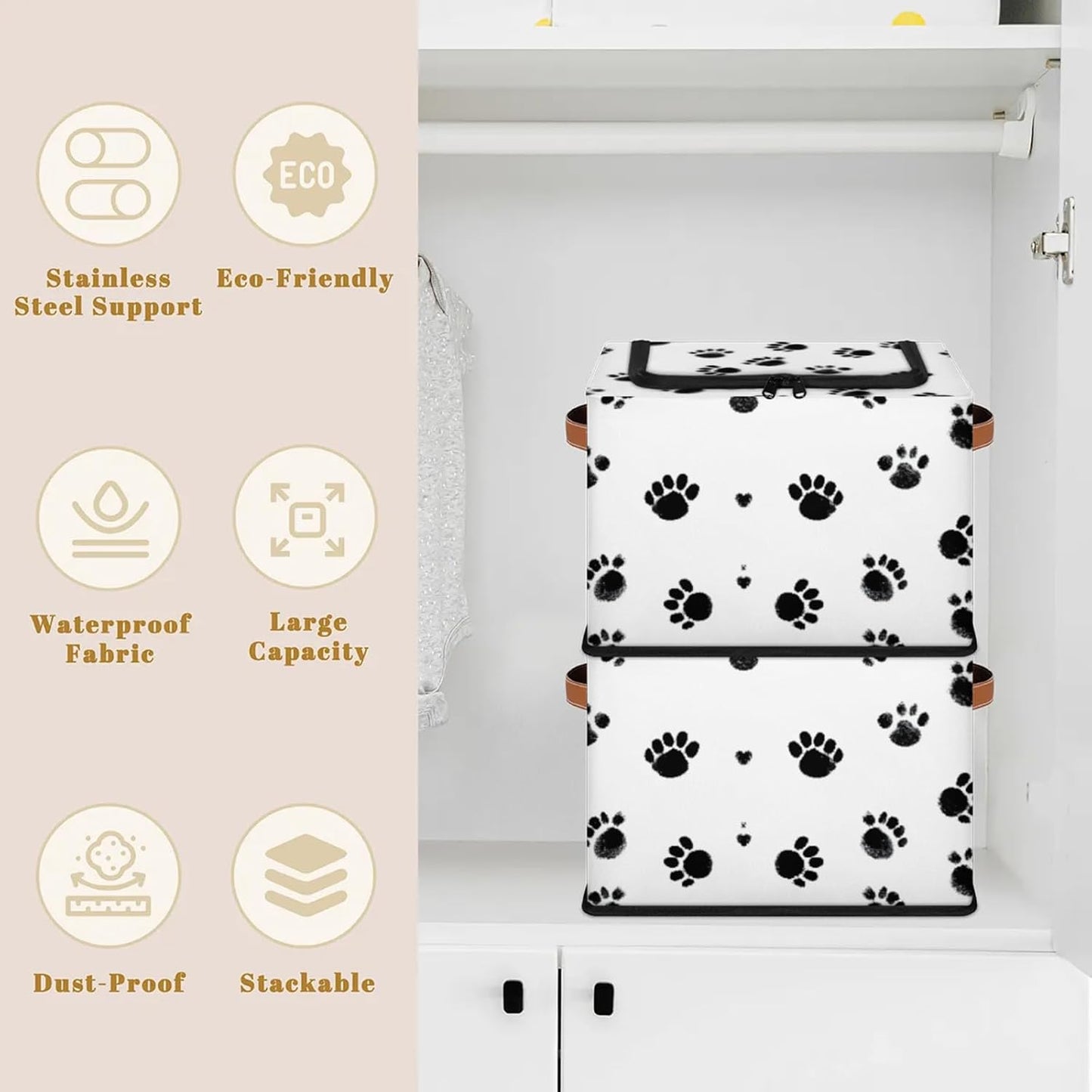 Dogs Footprints Storage Bins With Zipper Lid, Collapsible Trunk Organizer, Car Organizers and Storage Bins with Lids, Decorative Storage Boxes with Handle, Home Storage Baskets for Organizing