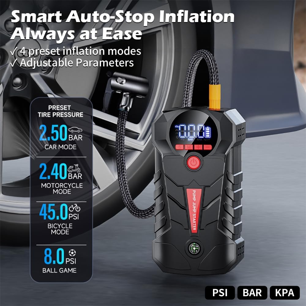 4000A 4-in-1 Car Battery Jump Starter with 150PSI Tire Inflator for Vehicle