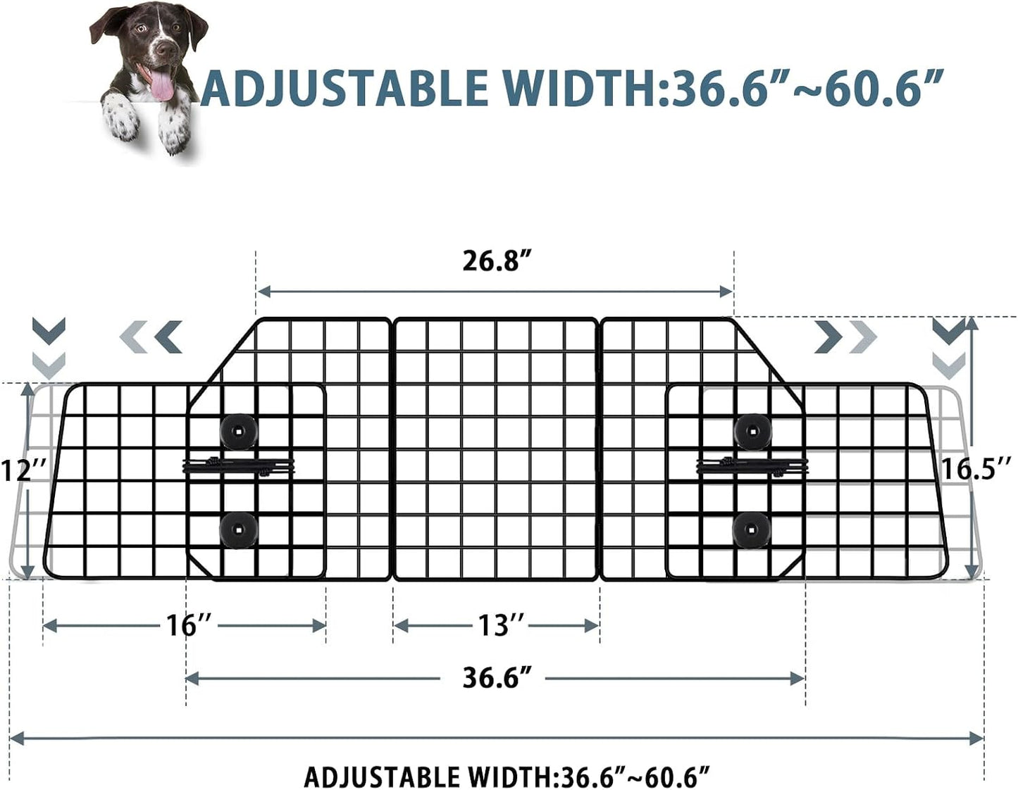 FEED GARDEN Dog Car Barrier for SUVs, Adjustable Universal-Fit Heavy-Duty Wire Mesh Pet Divider for Vehicles, Trucks, Vans, Car Accessories Safety Travel, Triple Folding (36.6"-60.6")