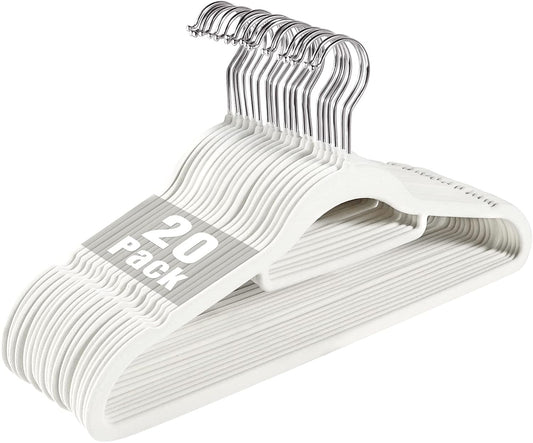 Velvet Clothing Hangers Non-Slip White Suit Hanger Space Saving Clothes Hanger Heavy Duty Adult Hanger Hangers with 360°Swivel Hook 20 Pack