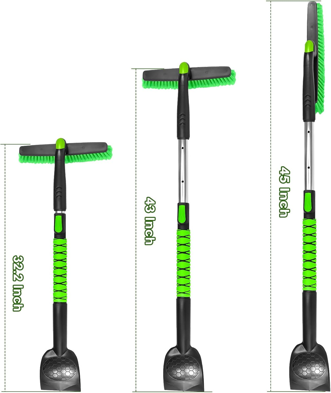 SEAAES 45 Inch Snow Brush with 5.2" Extra Wide Ice Scraper for Car, Extendable Snow Scraper with Foam Grip, 360° Pivoting Brush for SUV Truck Jeep Vehicle Windshield Window - Green