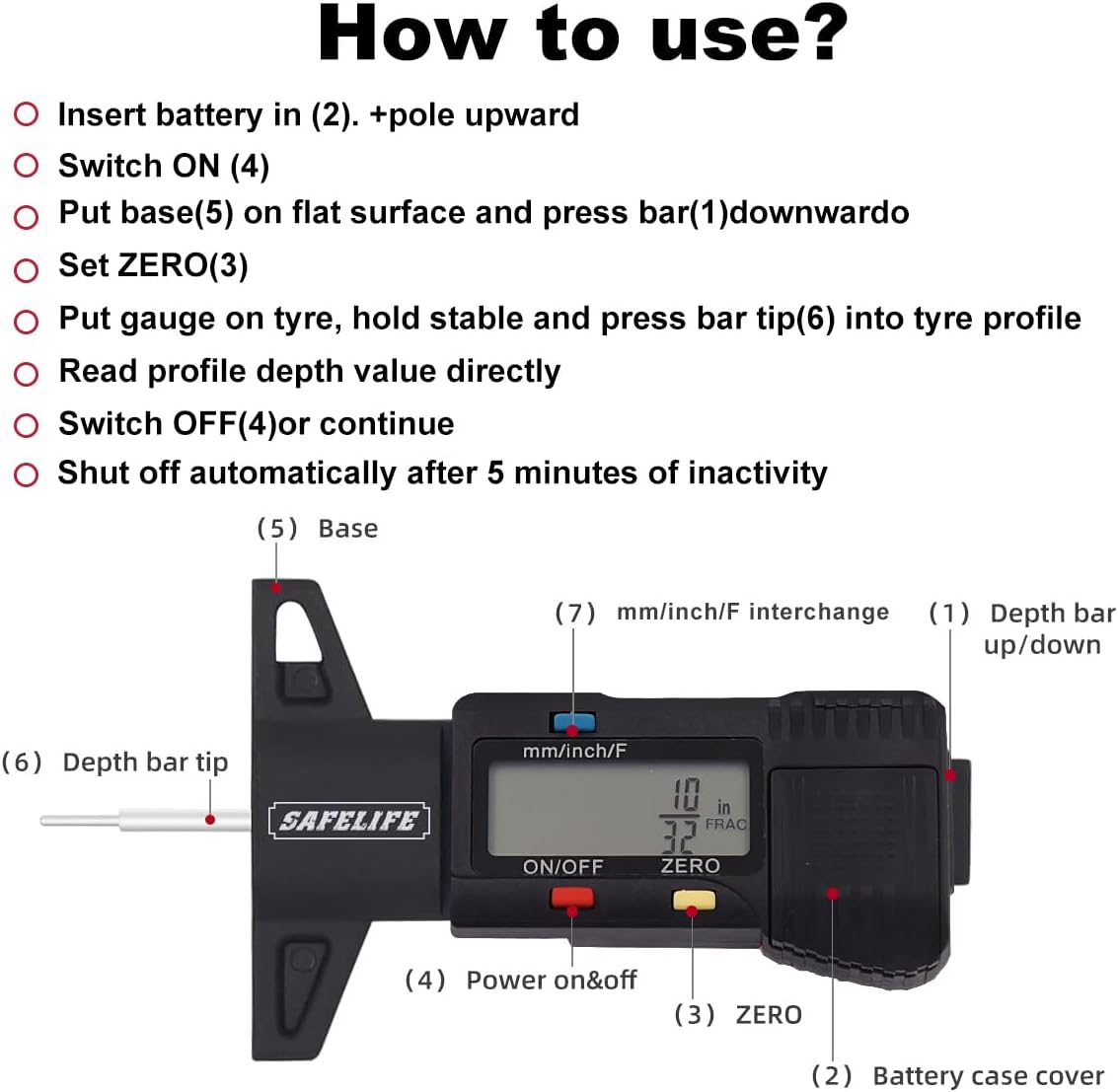 SAFELIFE Digital Tire Tread Depth Gauge, 3 Modes-Fractional Inch, Decimal Inch and Millimeter, Zeroable Tire Tread Depth Gauge for Motorcycles,Cars,Trucks Accurate Tyre Tread Depth Gauge-Black