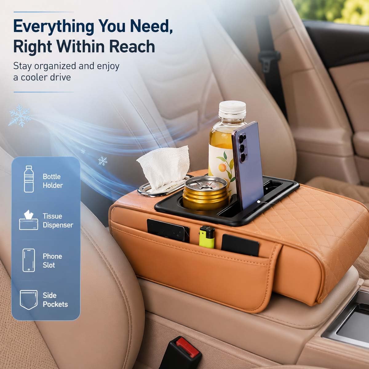 Multifunctional PU Leather Car Armrest Box Mat, 5-in-1 Center Console Cover with Cup Holder with 2 Storage Bags, Tissue Box Slot, Phone Slot for Universal Most Cars,Velcro Design (Black*A)