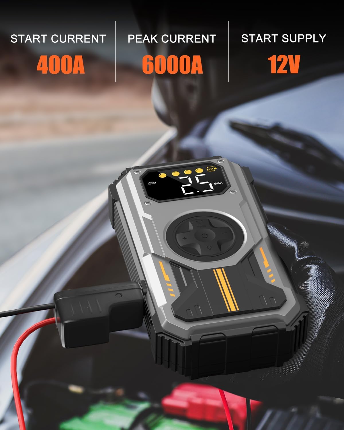 PD-270 6000A Jump Starter with Air Compressor, 150 PSI Portable 12V Car Battery Booster (Up to 7.5L Gas/6.5L Diesel), LCD Display, LED Light & Power Bank