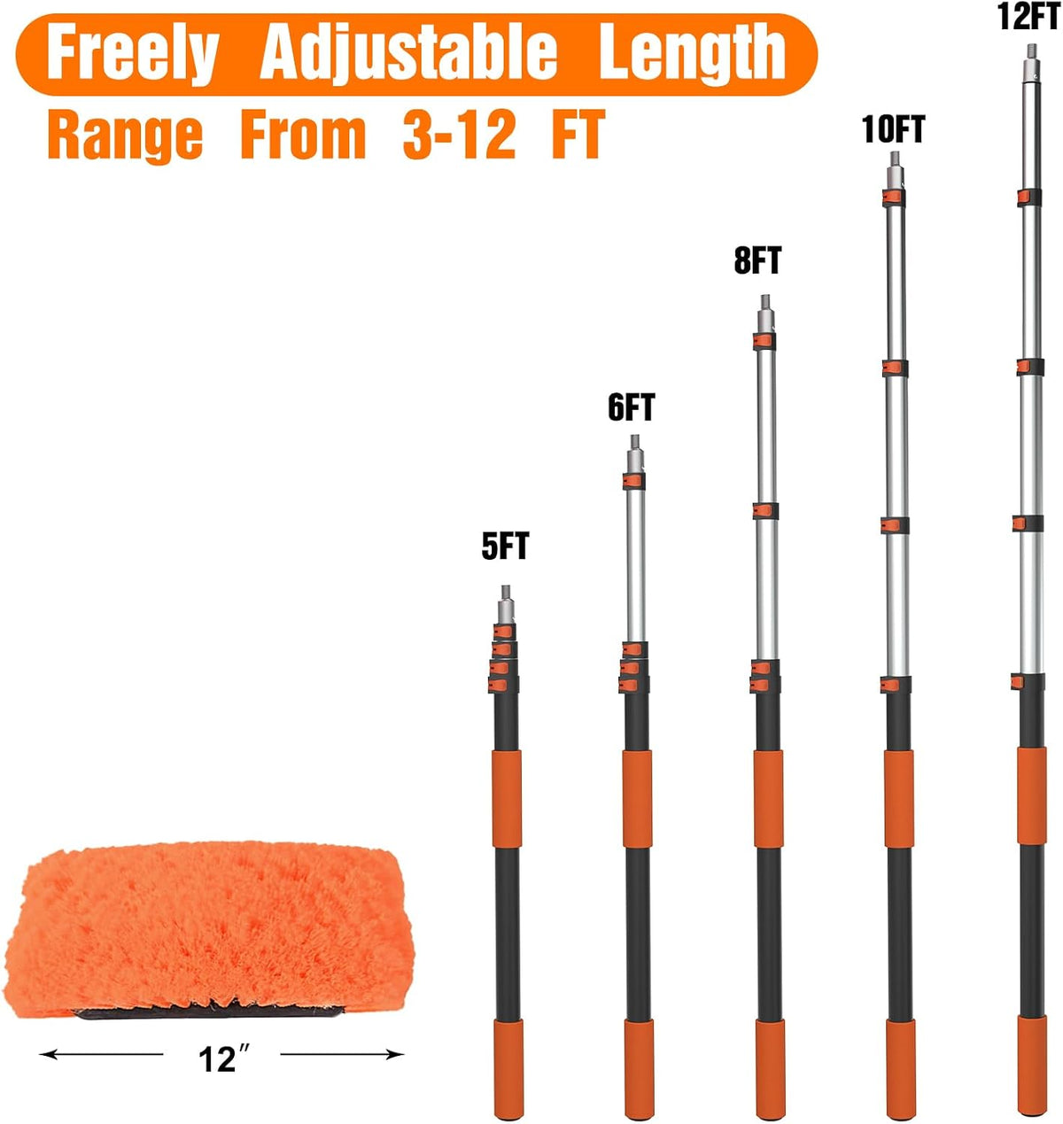 LAANPOLE 12FT Car Wash Brush with Long Handle, Car Cleaning Kit with Soft Bristle Wash Brush, Microfiber Cleaning Mop, Window Squeegee, Mitt, Wheel Brush for RV, Truck, Boat, House Siding