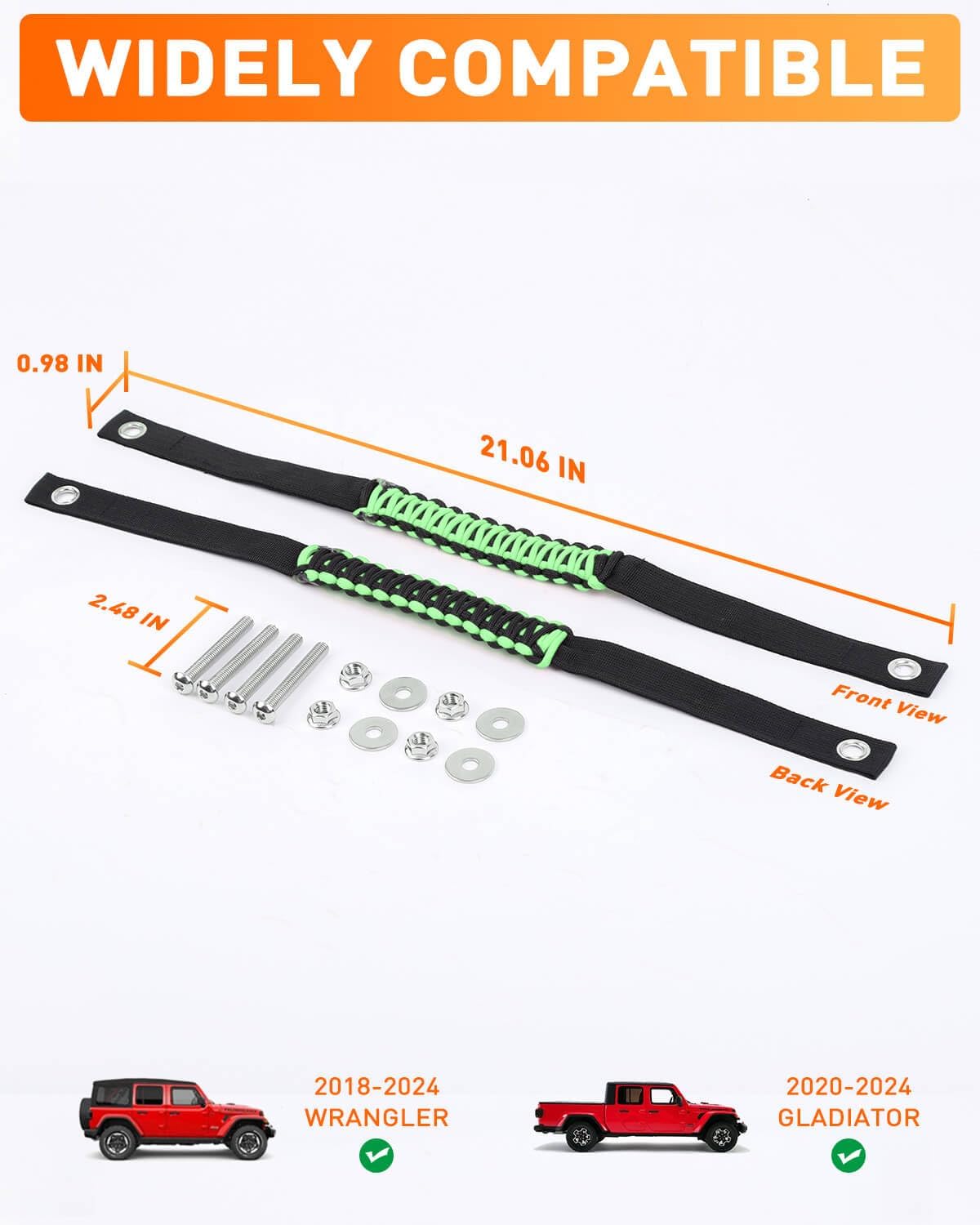 Savadicar 2 Pack Roll Bar Grab Handles for 2018-2024 Jeep Wrangler JL JLU 4XE & Gladiator JT, Roof Top Paracord Handle for Secure Grip, Essential Interior Accessories, Green