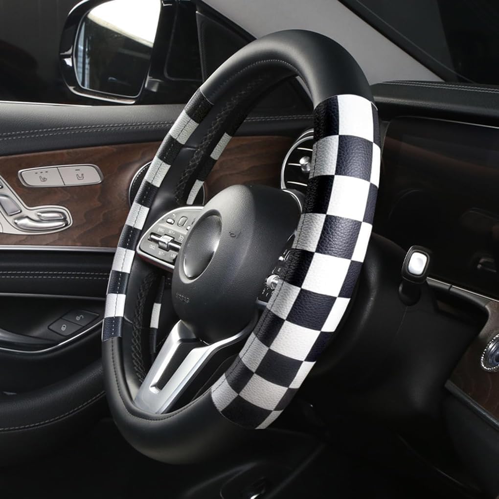 Dotesy Black White Checkered Plaid Car Steering Wheel Cover Leather 15 inch