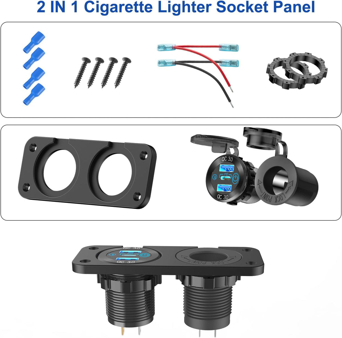 12V USB Outlet Marine Switch Panel 12 Volt Plug, PD3.0 & Dual Quick Charge 3.0 USB Ports Aluminum Car Charger with Power Switch, Waterproof 150W Cigarette Lighter Socket 2 in 1 DIY Kit for Boat RV ATV