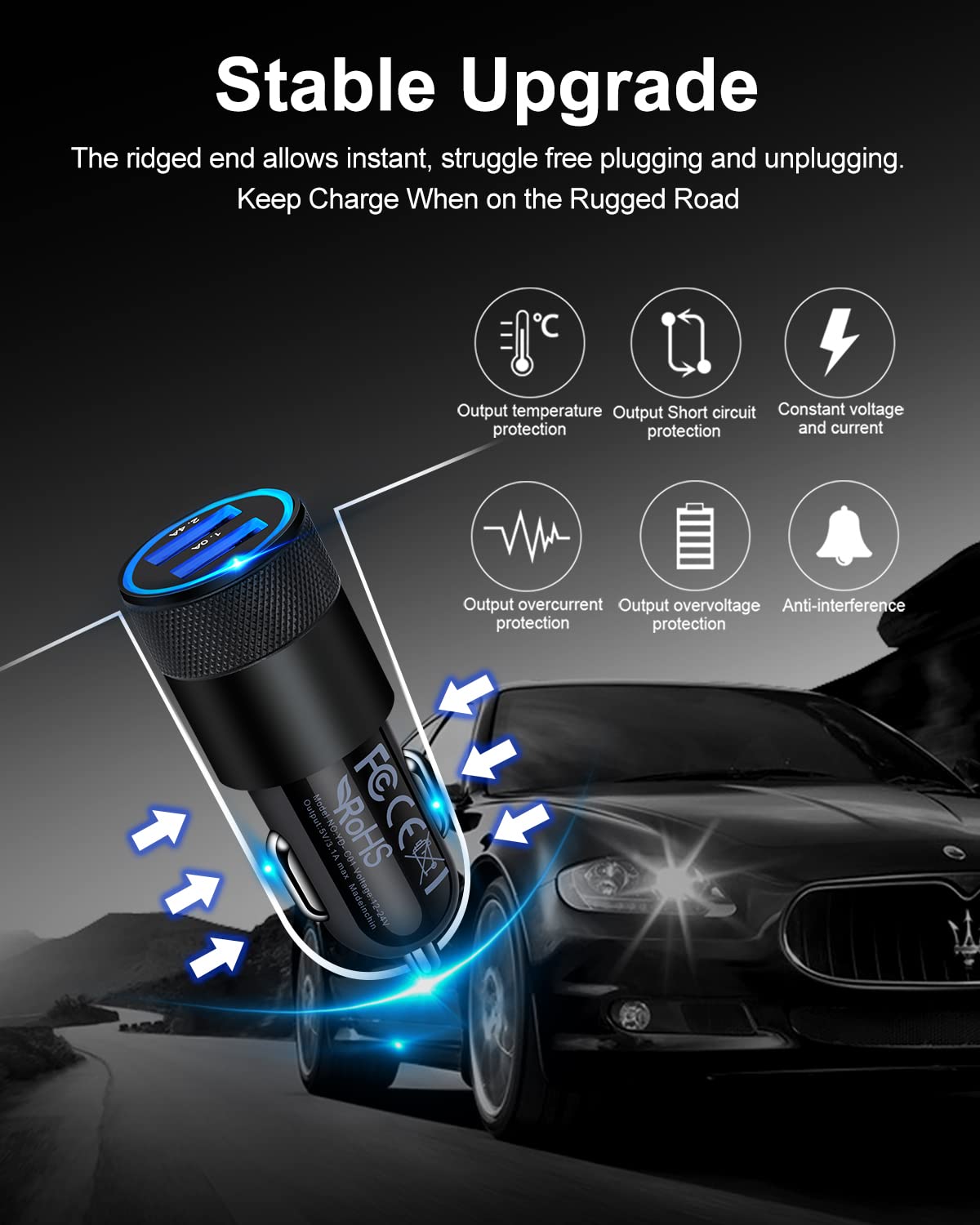 [5pcs] Car Charger Adapter, USB Multi Port Cigarette Lighter Fast Charging