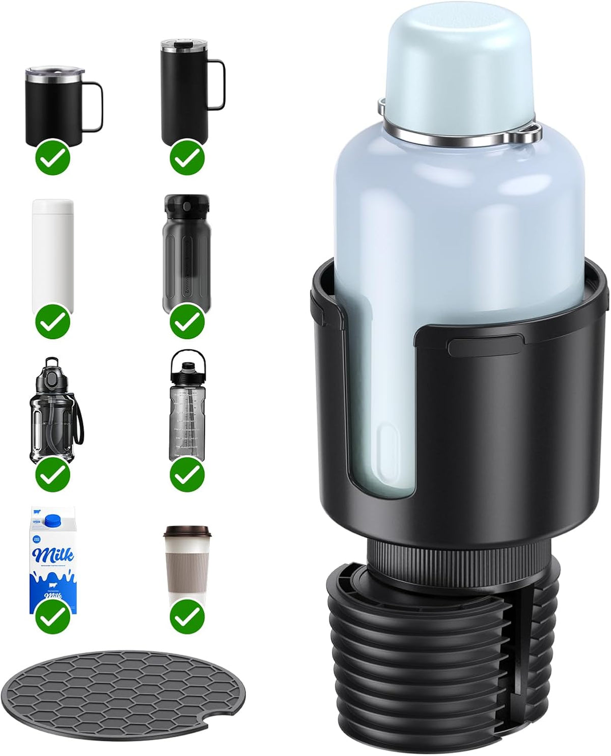 Car Cup Holder Expander for Large Water Bottles, Quick Install Cup Holder Extender for Car, Offset Base, Non Slip Adapter Compatible with Owala Stanley Yeti Hydro Flask 18-64 oz