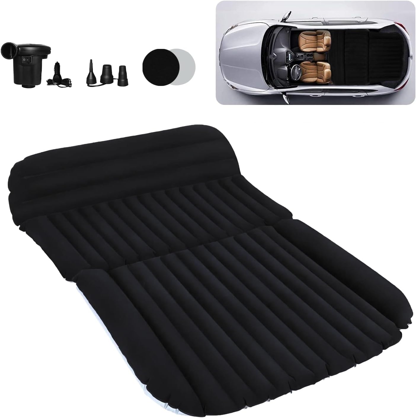 SUV Car Air Mattress – Inflatable Back Seat Bed with Electric Air Pump, Portable Camping Travel Sleeping Pad, Blow Up Car Bed (Black)