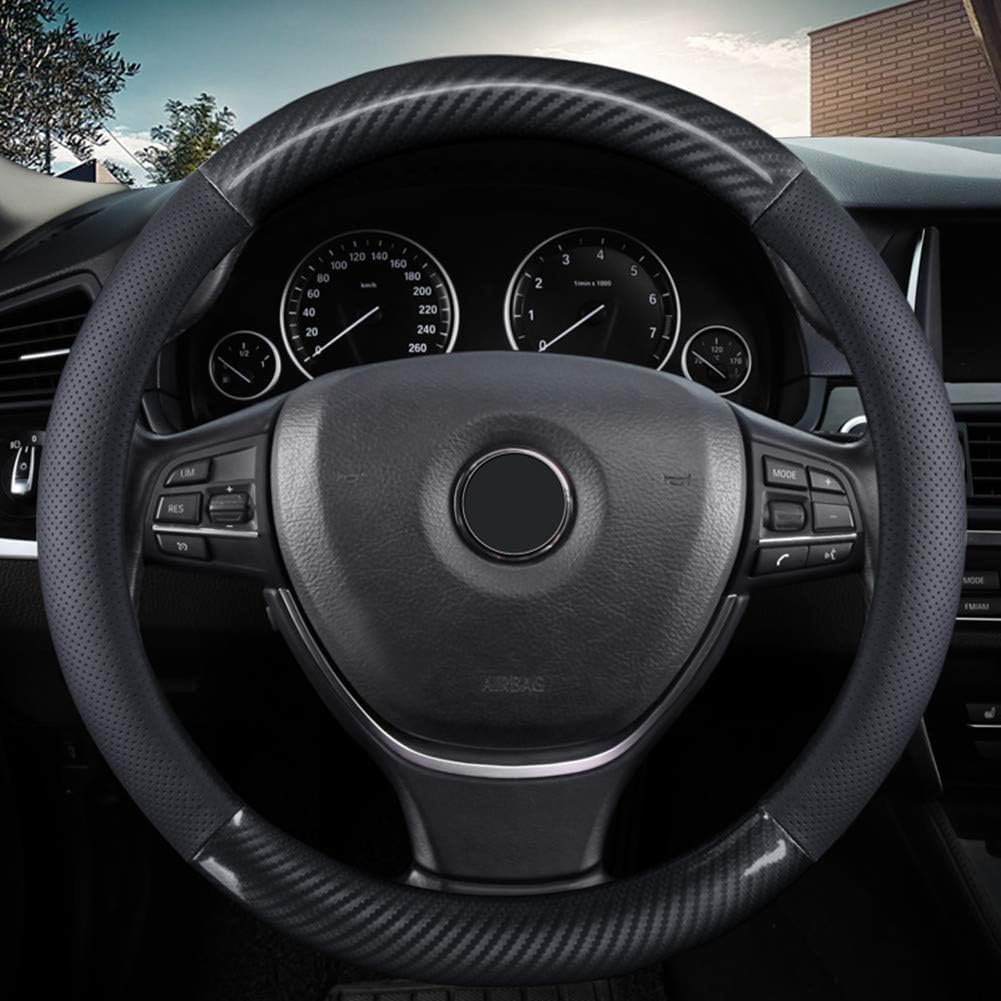 KAFEEK Classic Carbon Fiber Steering Wheel Cover, 15 inch, Black
