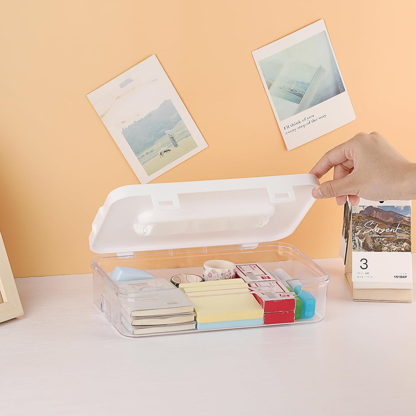 BTSKY Clear Plastic Storage Container with Lid & Handle, Multipurpose Craft Organizers and Storage Box, Easy Carry & Stack Flat Storage Box for Pencils Markers Crayons Sticky Notes, 1 Pack