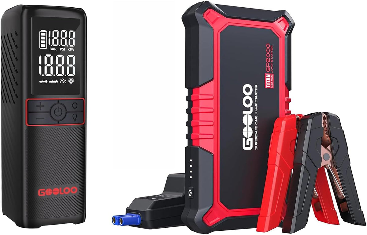 GOOLOO GT160 Tire Inflator Portable Air Compressor & New GP2000 Jump Starter, 12V 2000A Car Jumper Starter(Up to 8.0L Gas, 6.0L Diesel Engines)