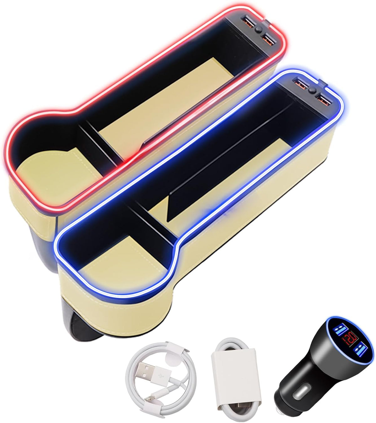 Car Seat Gap Filler Organizer, 2 Pack Multifunctional Car Seat Organizer, 7 Colours Changing LED Car Seat Seam Filler, Auto Console Side Storage Box with Cup Holders (beige)