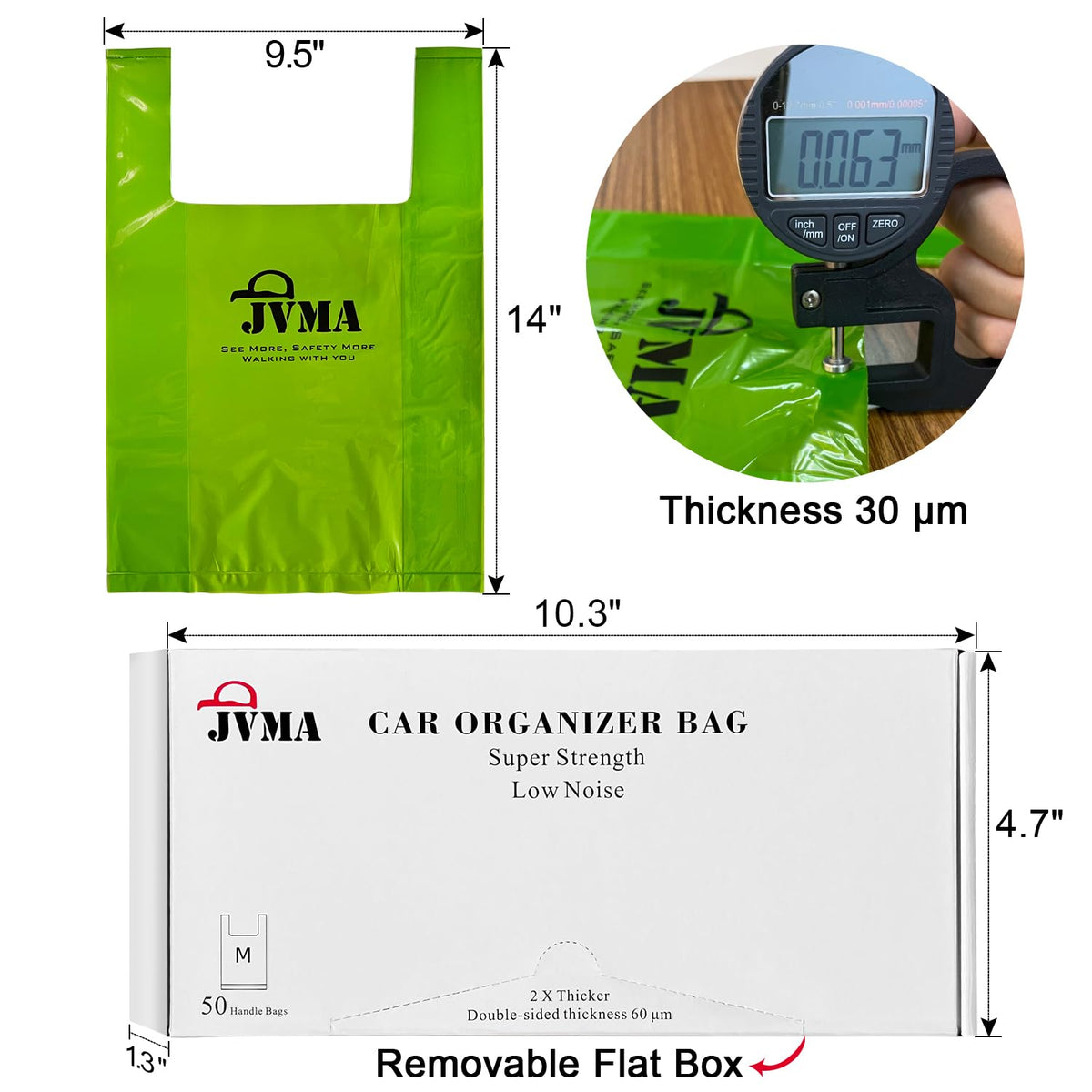 JVMA Save Space Car Garbage Can 50 Auto Trash Bags and Hook | No Residue for Truck SUV Camping Car 50 Green Hanging Garbage Bags 1 Gallon Super Strength (US Patent)