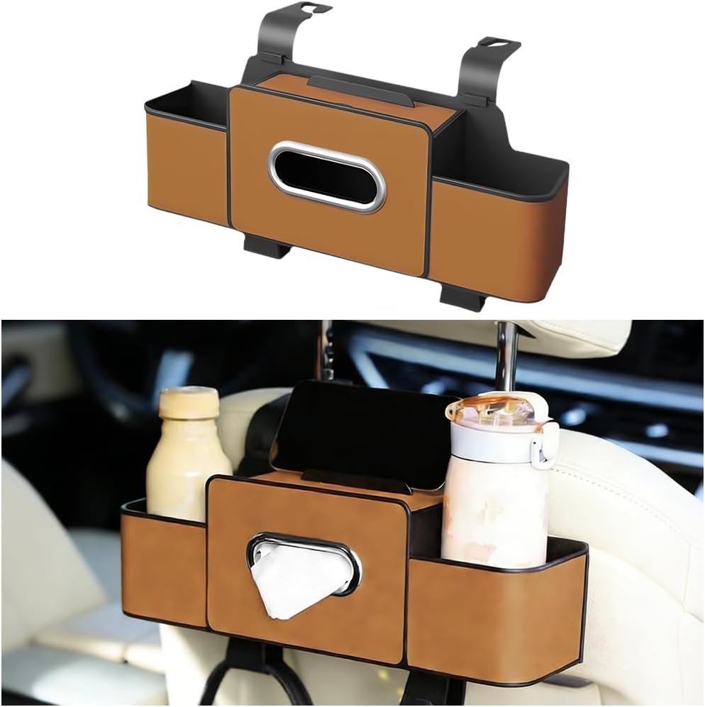 Car Headrest Backseat Organizer, 4 in 1 Multifunctional Vehicle Back Seat Storage Box with Drink Cup Holder Tissue Box, Automotive Interior Headrest Organizer Box, Universal Fit (Black)