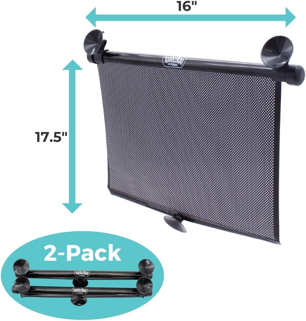 Toddleroo by North States - Extra Wide Car Window Shades for Baby: Car Shades for Side Windows - Retractable Pull-Down Roller - Black - 2-Pack