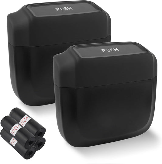 IHOTDER 2PCS Car Trash Can with Lid + 60PCS Garbage Bags,Mini Trash Can Interior Accessories for Door/Seat/Center Console/Home/Office,Multifunctional Car Organizers and Storage (Black)