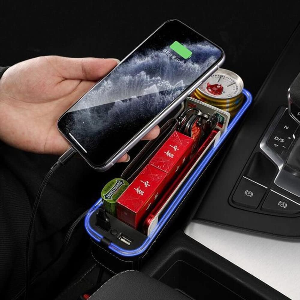 Tumecos Car Seat Gap Organizer with Light Multifunctional,with Small Cup Holder, Storage Box Car Seat Organizer, Car Seat Gap Filler with 2 USB Super Fast Charge Ports(Beige, Driver’s Side)