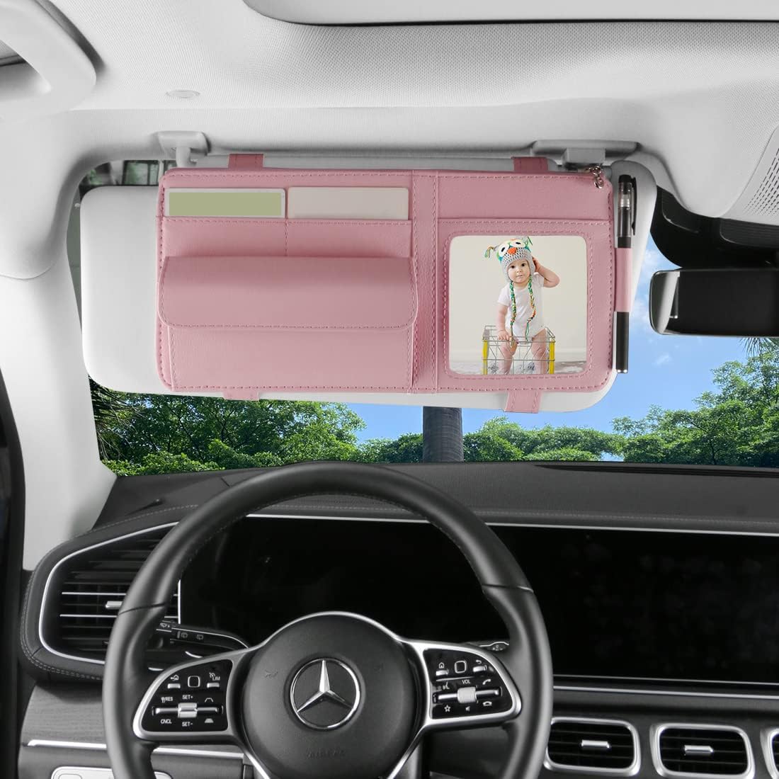 Visor Document Holder for Truck, Car Sun Visor Organizer, Visor Storage Pouch Holder with Sunglasses Clip, Picture Frame, Essential Visor Accessories for Driver Auto Owners Pink