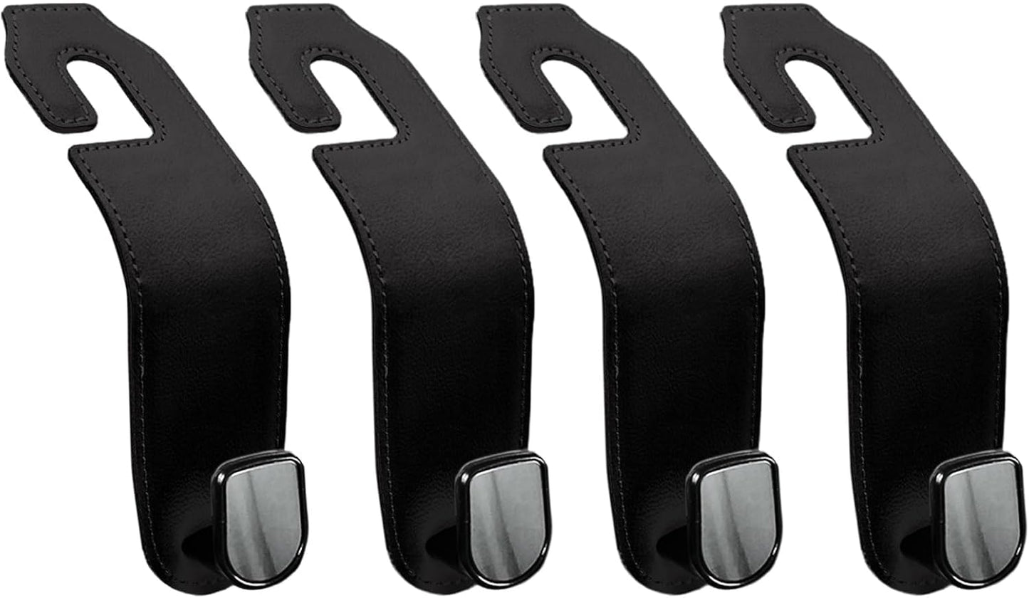 Leather Seat Headrest Hook, 4 Pack Purses and Bags Holder Hanger for Car Groceries Organization Accessories, Black