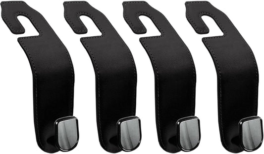 Leather Seat Headrest Hook, 4 Pack Purses and Bags Holder Hanger for Car Groceries Organization Accessories, Black