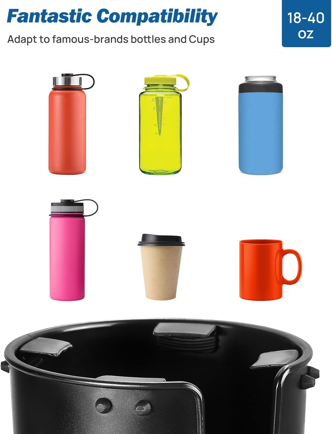 JOYTUTUS Large Stable Cup Holder Expander Compatible with YETI, Hydro Flask, Hold 18-40 oz Bottles and Mugs, Car Cup Holder Adapter with Adjustable Rubber Base