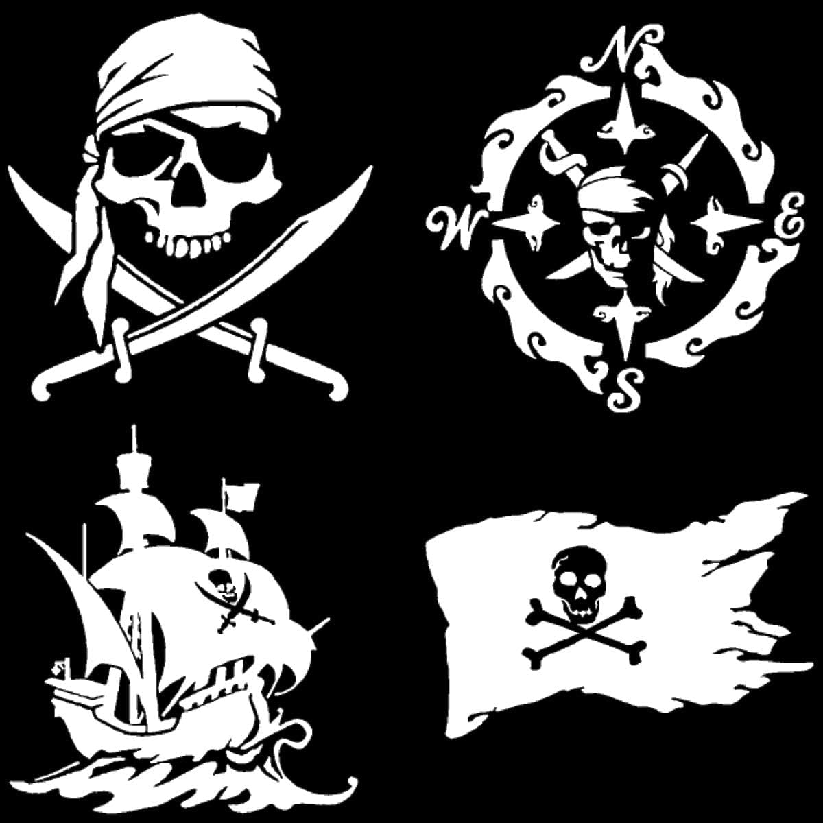 Pirate Decals 4 Pack: Skull and Swords, Ship, Flag, Compass (White, PiratesOne Large 5")
