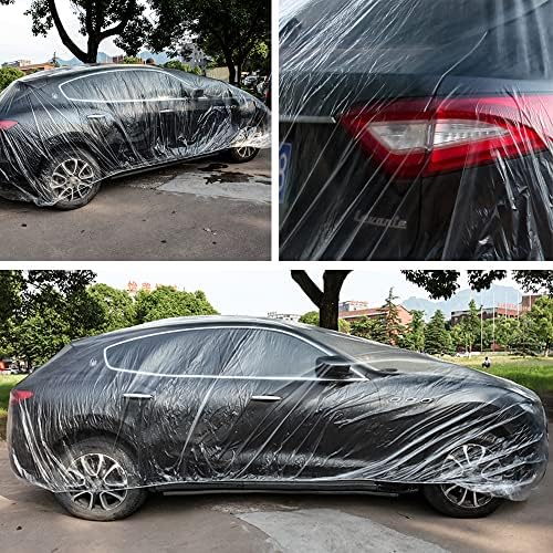 4 Packs Disposable Car Cover Clear Plastic Car Cover Universal Rain Dust Garage Cover with Elastic Band Medium (12 ft x 22 ft)