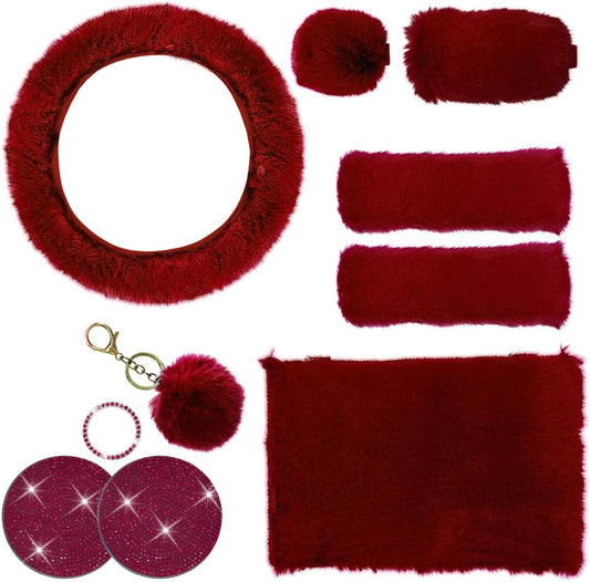 10PCS Fluffy Car Accessories Set, Furry Steering Wheel Cover with Warm Fuzzy Gear Shift Cover Ball Keychain Handbrake Cover Console Seat Belt Shoulder Pads & Diamond Ignition Ring Cup Mats (Red)