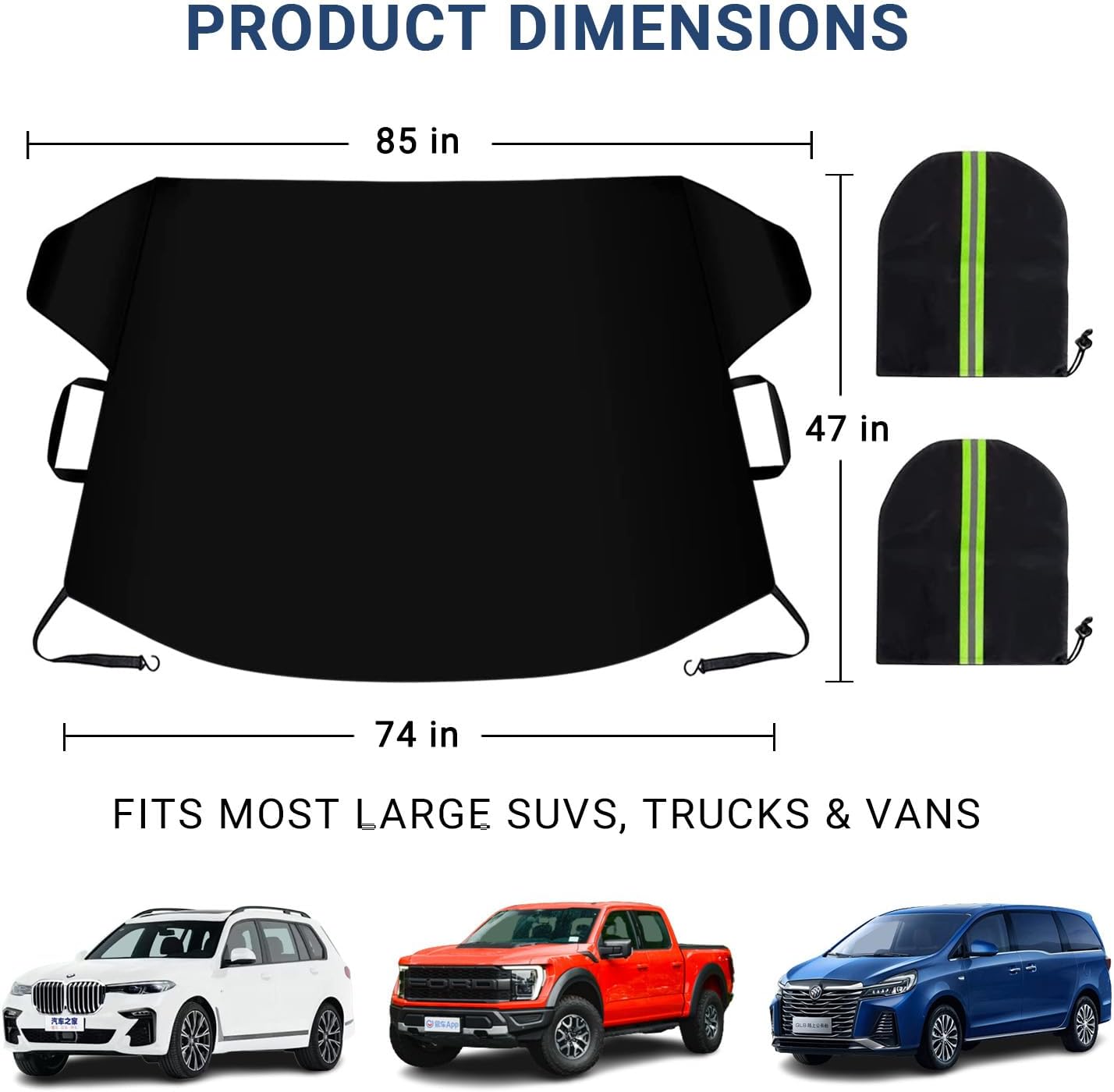 Windshield Cover for Ice and Snow, Car Windshield Snow Cover, Thicken Windshield Frost Cover Waterproof Windshield Snow Ice Cover with Side Mirrors Cover for Most SUVs Trucks (74"x 47")