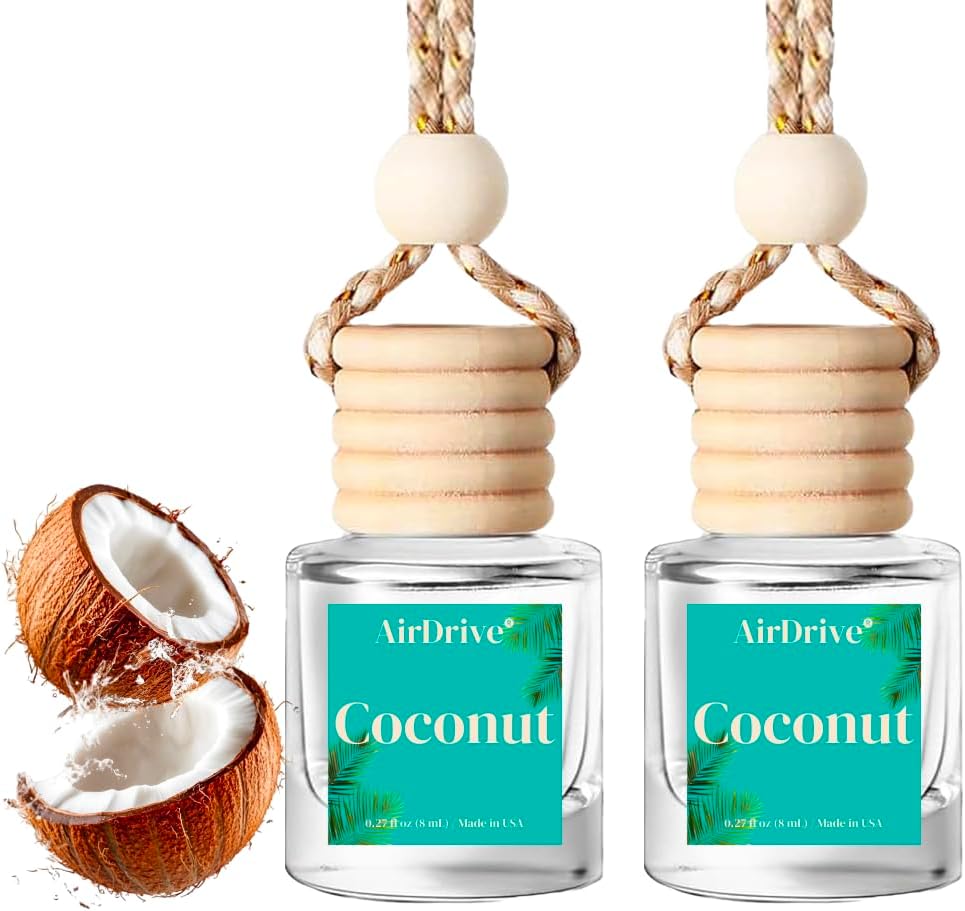 Leather Car Air Freshener, 2 Pack Hanging Oil Diffuser With Wooden Cap, Gift For Men & Women, Non-Toxic Rearview Mirror Car Accessory, Made in USA, Odor Eliminator For Car