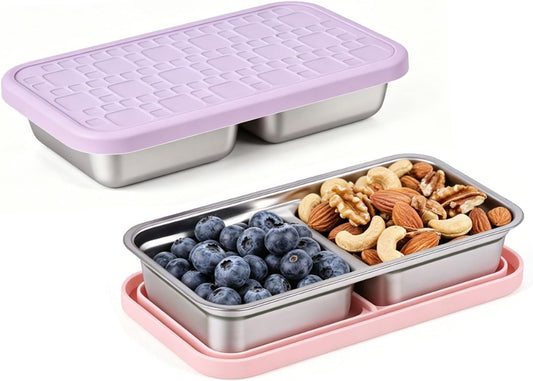 2 Pack Reusable Stainless Steel Snack Containers, Metal Food Containers with Silicione Lids, Stackable Dual Compartment Lunch Box for School Lunch, Travel and Office